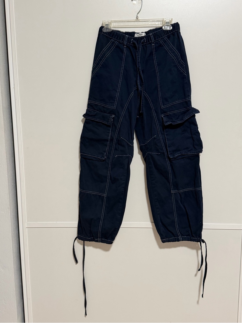 Pull&Bear Navy Blue Cargo Pants with Drawstring Cuffs